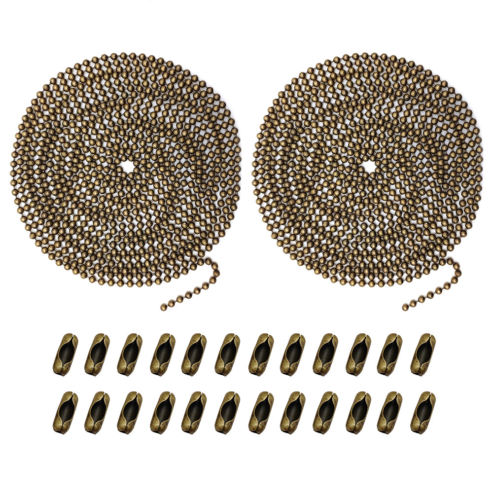 Beaded Pull Chain Extension with Connector for Ceiling Fan or Light (Pack of 2) 10 Feet Beaded Roller Chain with 12 Matching Connectors Each (3.2mm Diameter, Antique Brass)